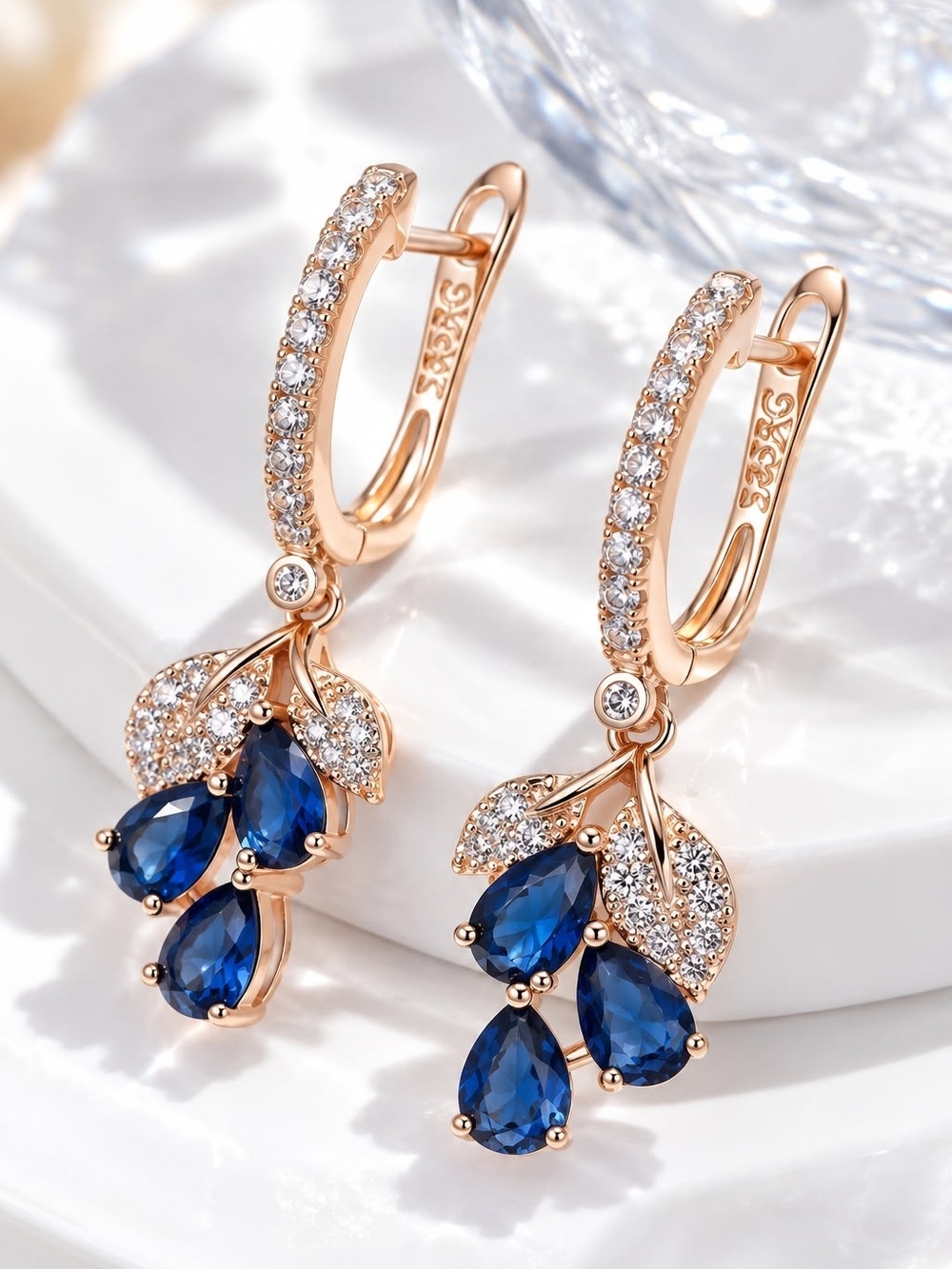 Rose Gold Sapphire Teardrop Leaf Drop Earrings
